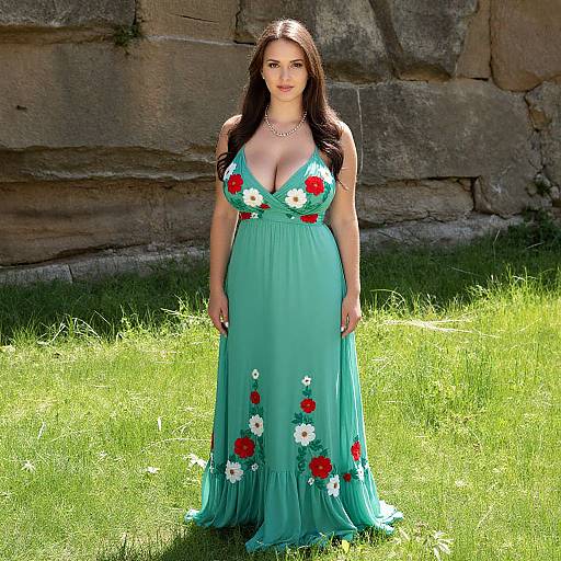 Woman in Turquoise Floral Dress Outdoors on Grass