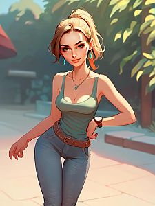 Confident Young Woman in Green Tank Top and Blue Jeans