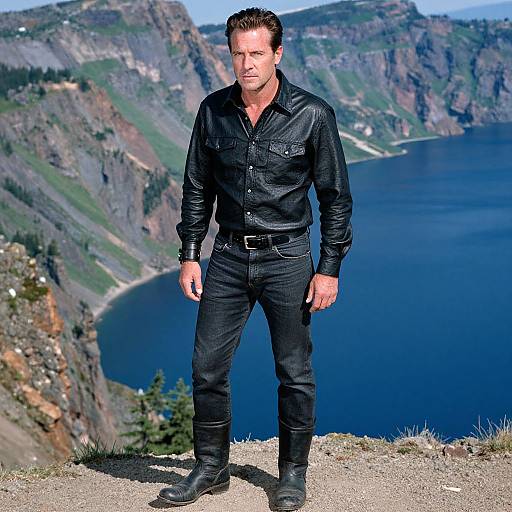 Man in Black Leather Outfit Standing by Mountain Lake Scenic Cliff