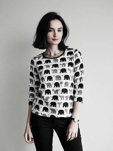 Woman Wearing Casual Monochrome Elephant Print Top with Round Neckline