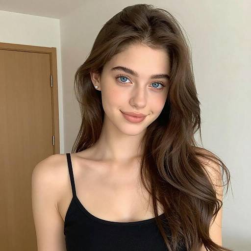 Portrait of Young Woman with Blue Eyes and Long Hair in Black Tank Top