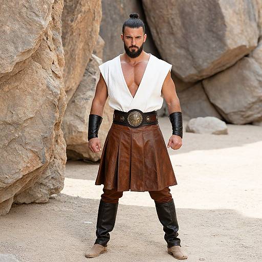 Warrior Man in Leather Skirt and Bracers in Desert Setting