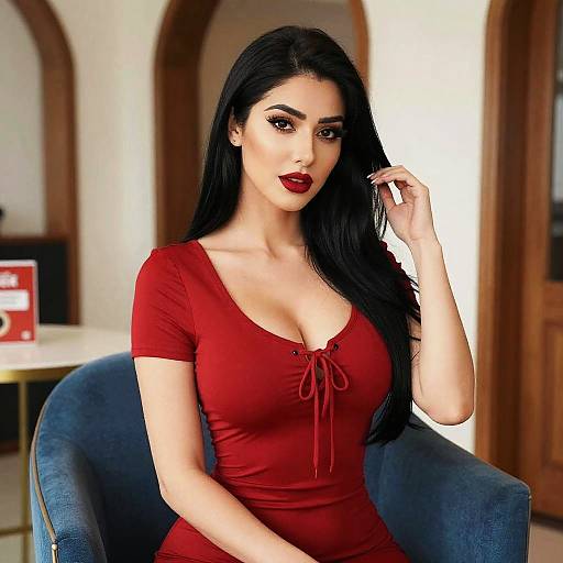 Stylish Woman in Red Dress Seated Indoors with Elegant Makeup