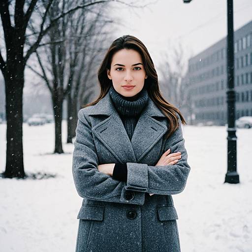 Winter Corporate Attire Woman in Gray Coat Standing in Snow