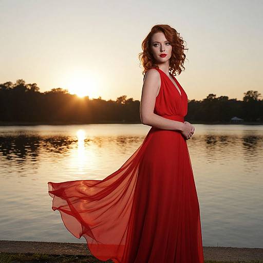 Elegant Woman in Red Dress by Lakeside at Sunset