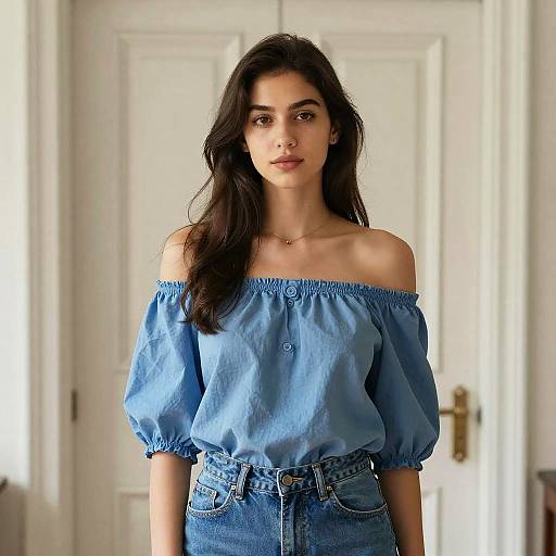 Young Woman in Blue Off-Shoulder Blouse and Denim Jeans - Gen Z Fashion