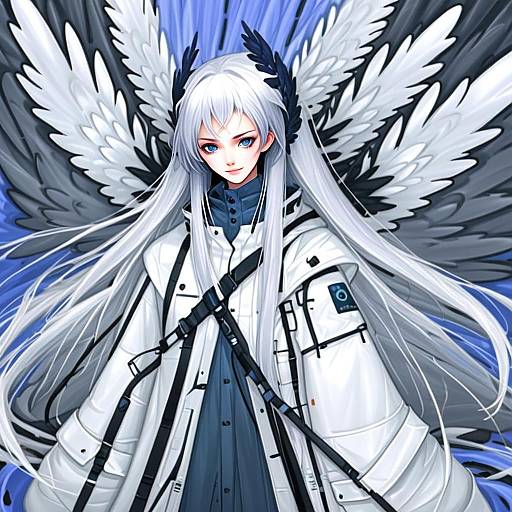 Anime Woman with Silver Hair and Angelic Wings in Modern White Coat