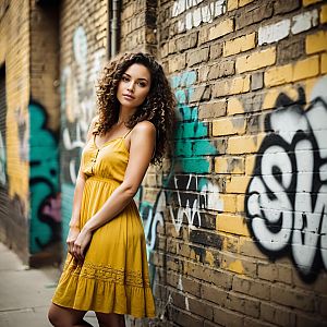 Confident Woman in Mustard Dress Against Graffiti Wall