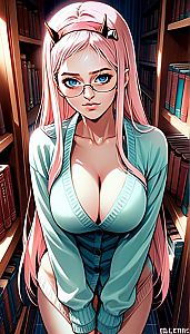 Anime Woman with Pink Hair and Glasses in Library Digital Art