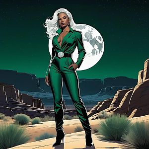 Confident Woman in Desert Under Full Moon