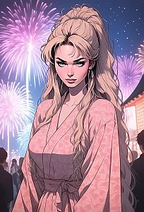Woman in Pink Robe Against Colorful Fireworks