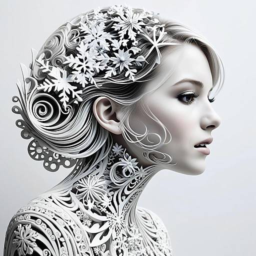 Intricate White Filigree and Snowflake Woman Profile Portrait