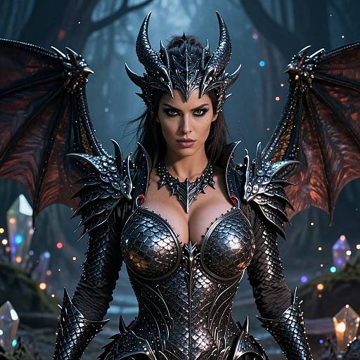 Fierce Woman in Black Dragon Armor with Wings Fantasy Warrior
