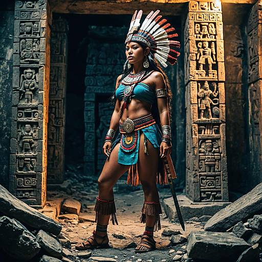 Aztec Warrior Woman in Ancient Temple Realistic Portrait