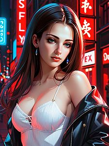 Cyberpunk Style Portrait of Woman in Neon City Lights