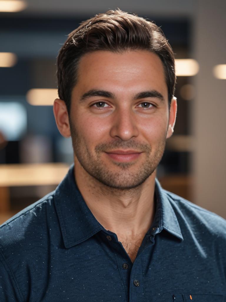 Smiling man in dark blue polo shirt