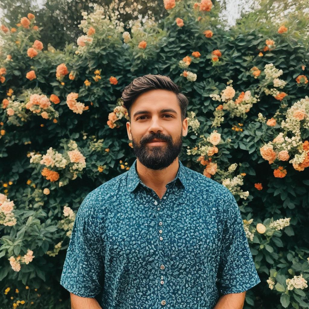 Confident Man with Beard in Flowering Garden Confident Man with Beard in Flowering Garden