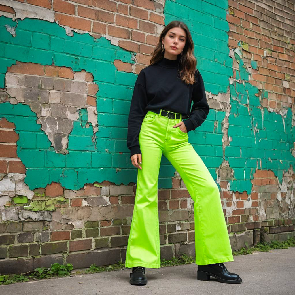 Confident Young Woman in Neon Green Flared Pants