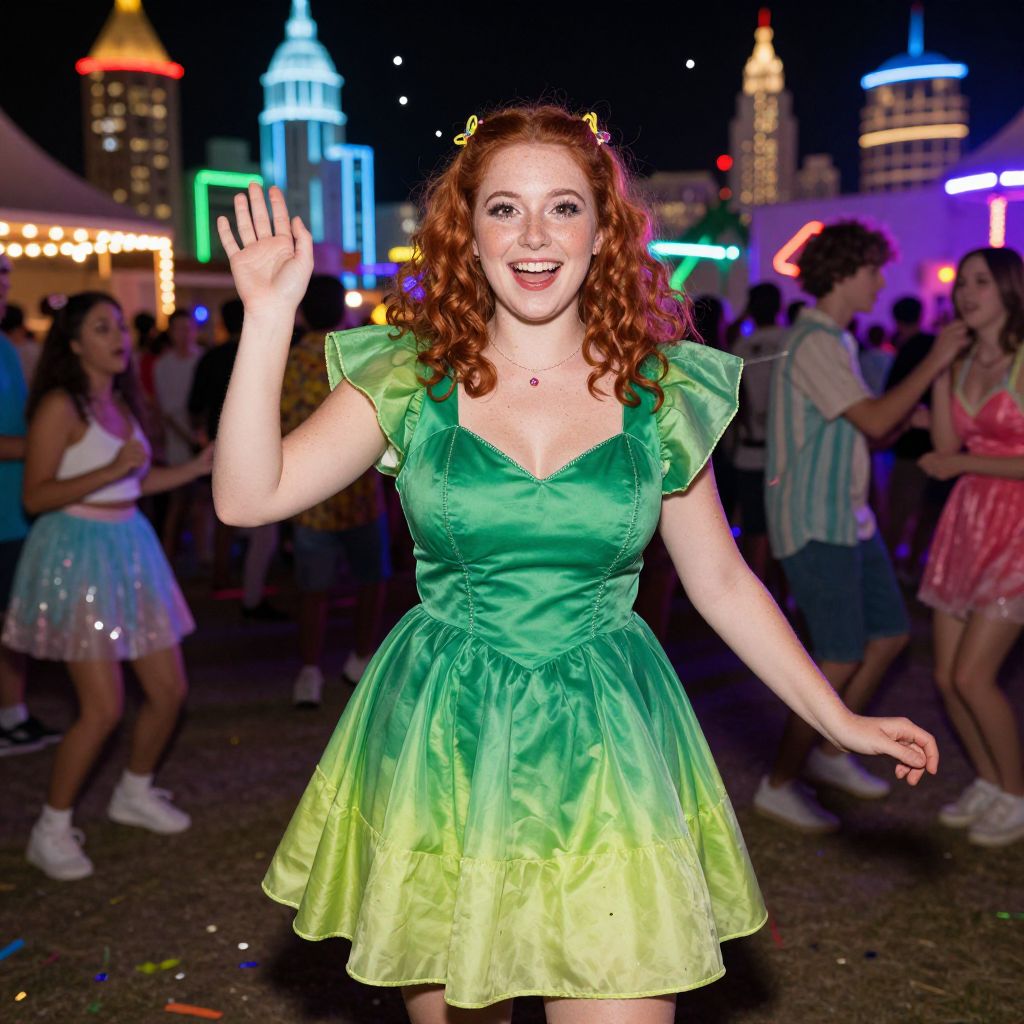 Woman in Green Dress Enjoying Lively Nighttime Party