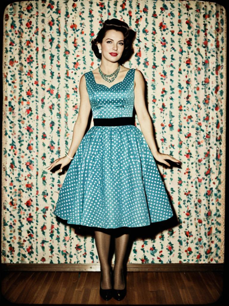 Retro 1950s Woman in Blue Polka Dot Party Dress Full Body Vintage Fashion