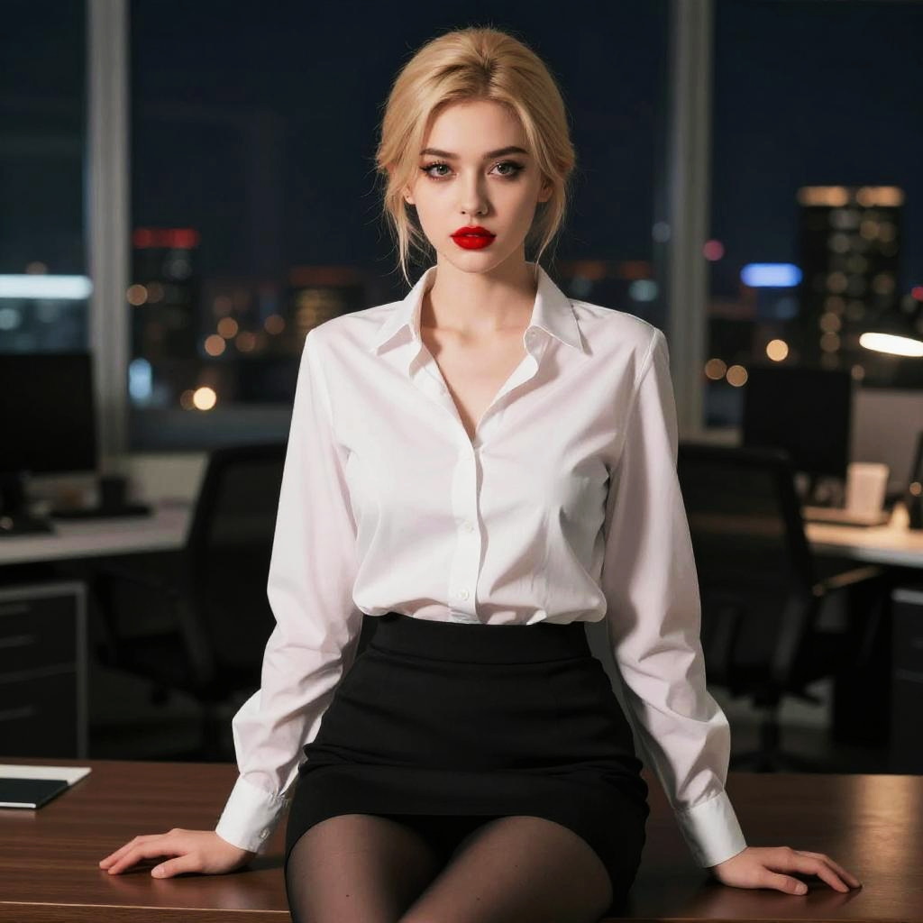 Confident Young Woman in Professional Attire in Modern Office at Night