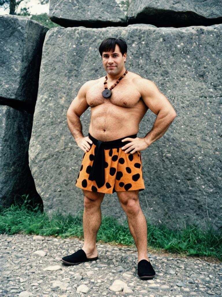 Man in Fred Flintstone Costume Full Body Outdoor Cosplay Photo