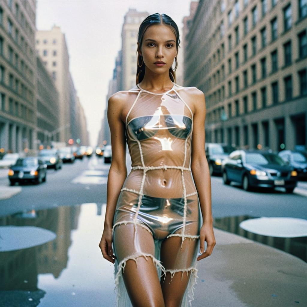 Confident Woman in Reflective Outfit in City