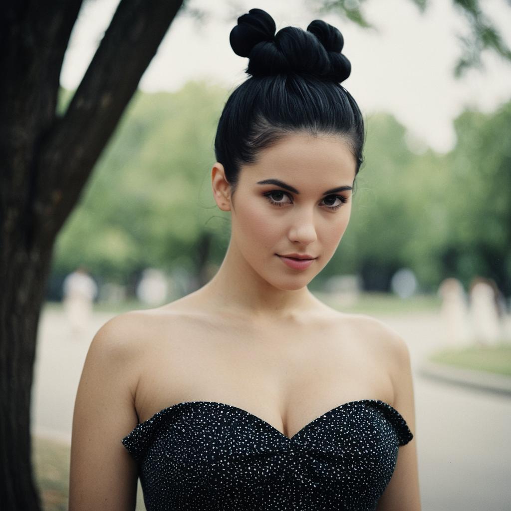 Young Woman in Strapless Black Gown Outdoors Young Woman in Strapless Black Gown Outdoors