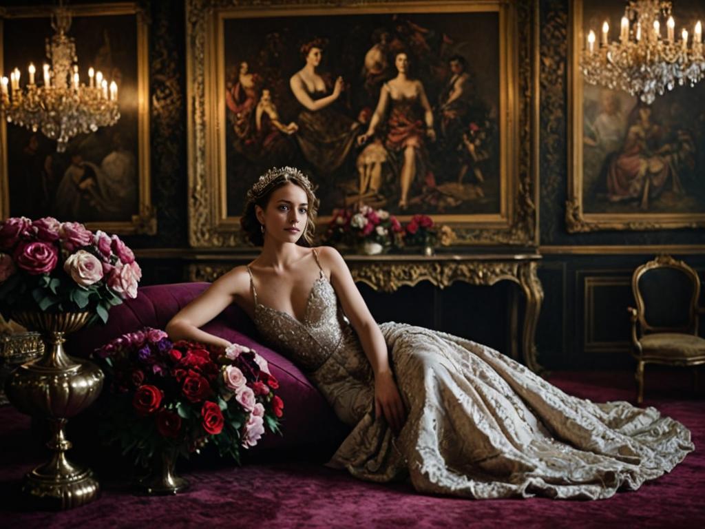 Elegant Woman in Beaded Gown on Velvet Sofa