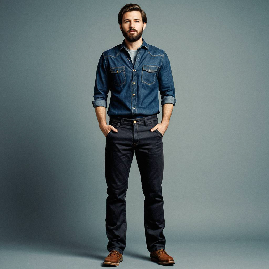 Confident man in denim shirt and black trousers