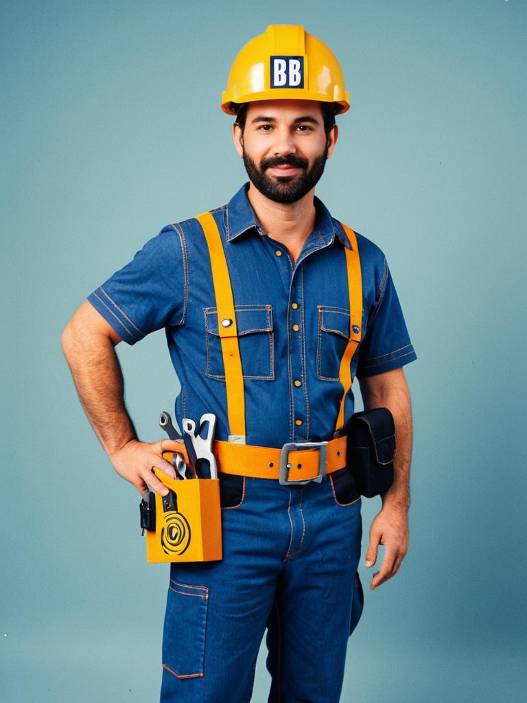 Man in Bob the Builder Costume Full Body Cosplay Photo with Helmet