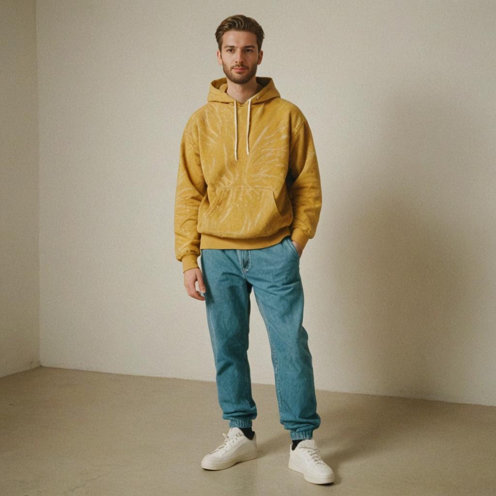 Man in Mustard Hoodie and Blue Joggers in Minimalist Room