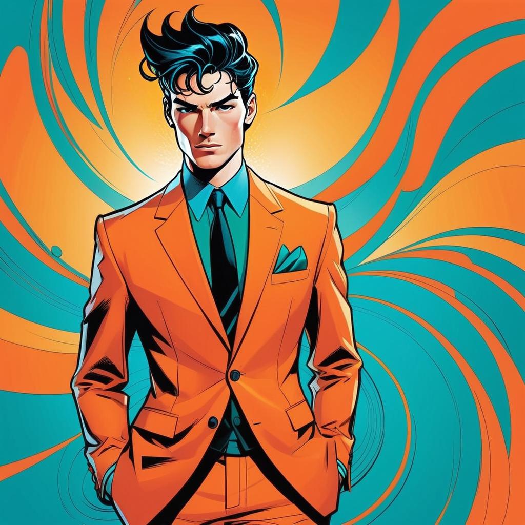 Stylish Man in Orange Suit with Dynamic Comic Book Background