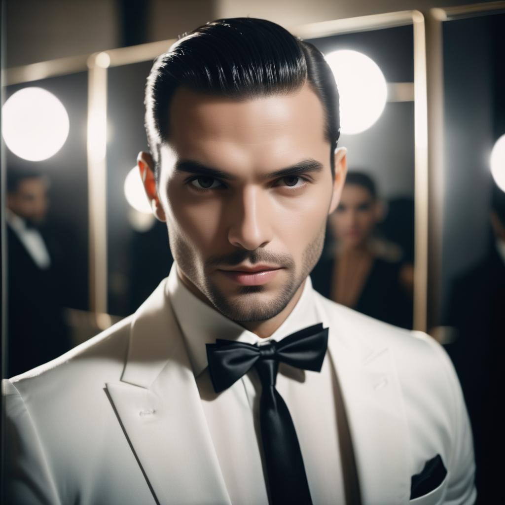 Elegant Man in White Tuxedo with Glamorous Backdrop