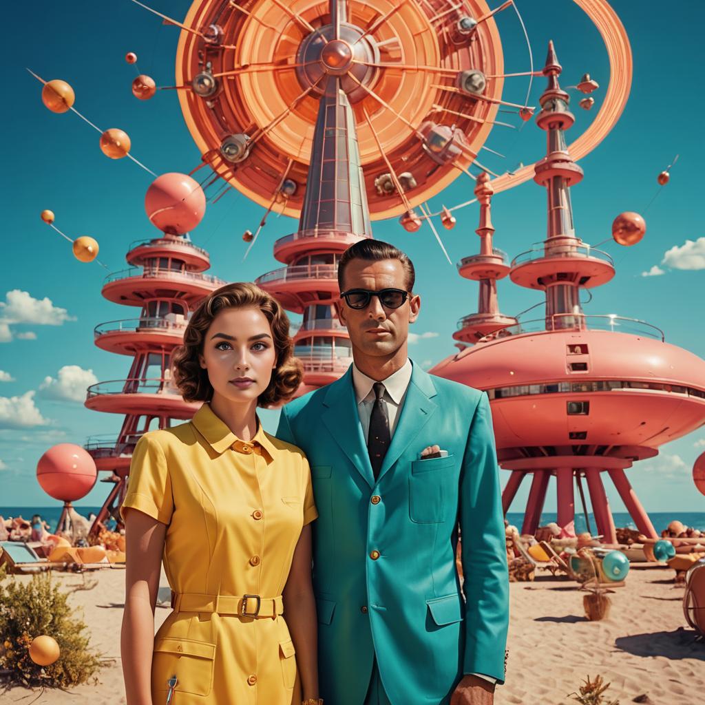 Vintage Couple on Beach with Retro-Futuristic Cityscape