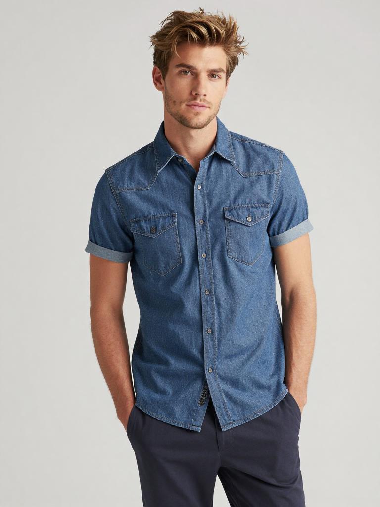Casual Young Man Wearing Denim Shirt with Rolled Sleeves