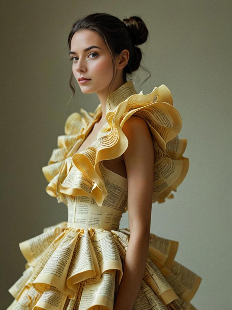 Elegant Woman in Ruffled Dress Resembling Book Pages