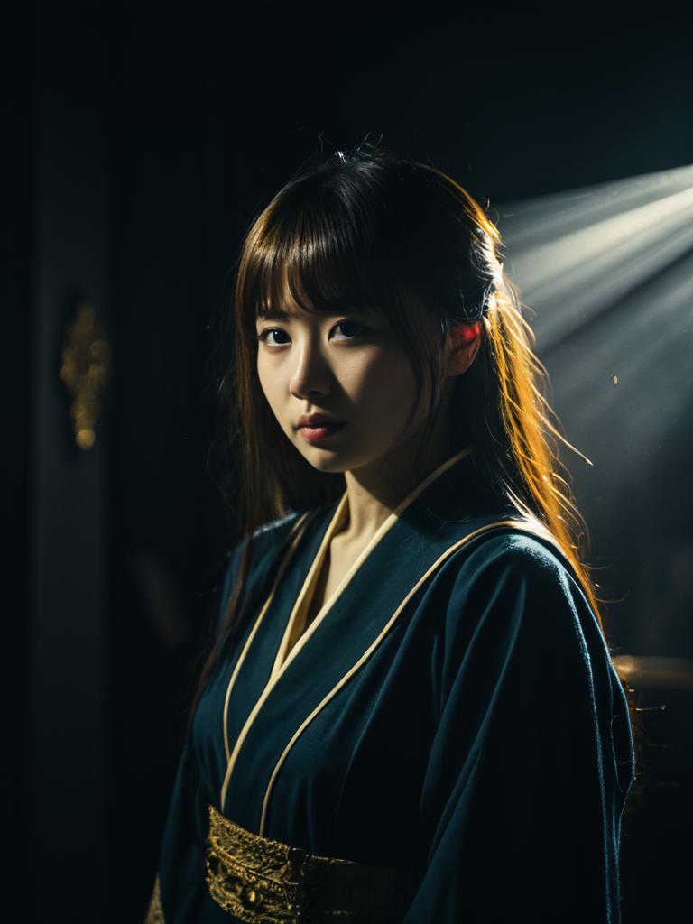 Elegant Woman in Hiyori Komurasaki Cosplay Costume with Dramatic Lighting