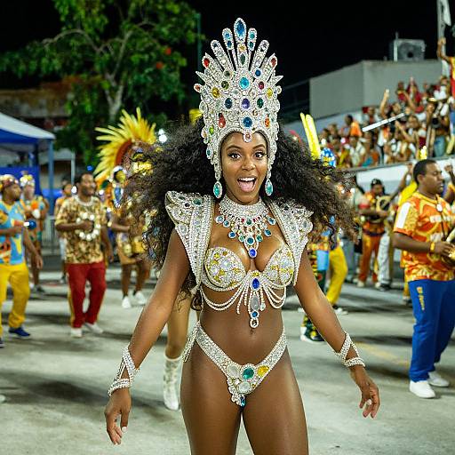 Woman in Ornate Jewel-Encrusted Carnival Costume Dancing at Night Parade