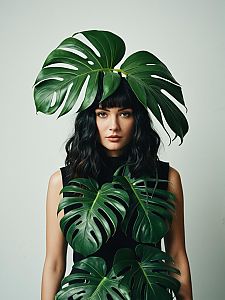 Monstera Plant Costume Studio Fashion Portrait of Woman