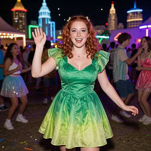 Woman in Green Dress Enjoying Lively Nighttime Party