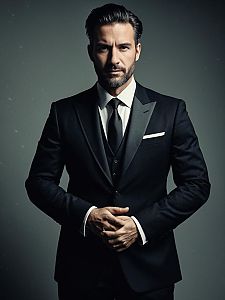 Photorealistic Portrait of Man in Formal Black Tuxedo and Tie