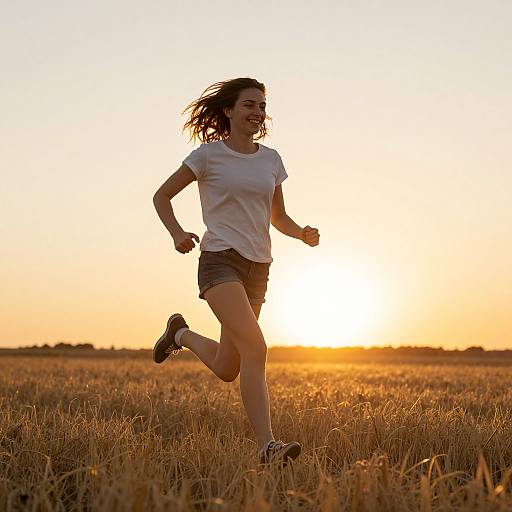 Young Woman Running in Golden Field at Sunset