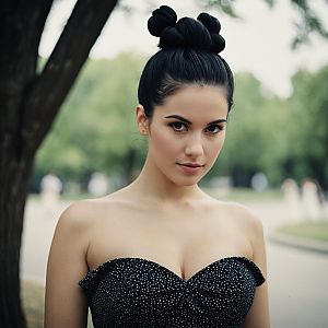 Young Woman in Strapless Black Gown Outdoors