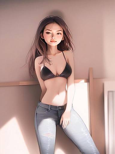 Anime Style Digital Illustration of Young Woman in Black Bralette and Ripped Jeans