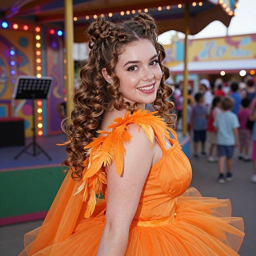 Young Woman in Orange Feathered Dress at Carnival