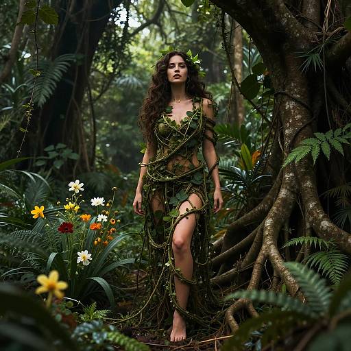 Woman Wearing Leaf and Vine Dress in Enchanted Jungle