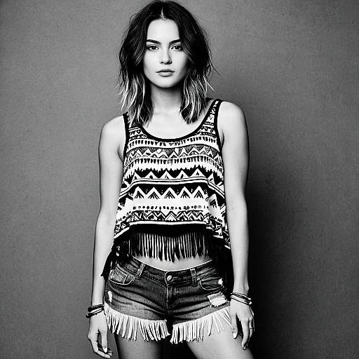 Woman Wearing Bohemian Black and White Tribal Print Tank Top with Fringe and Denim Shorts