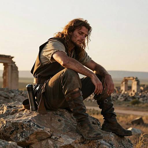 Medieval Man Sitting on Rock Amidst Ancient Ruins at Sunset