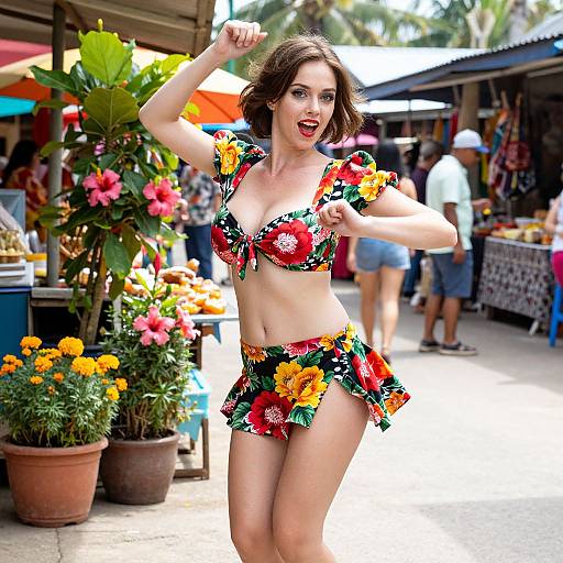 Young Woman Dancing in Floral Outfit at Outdoor Market